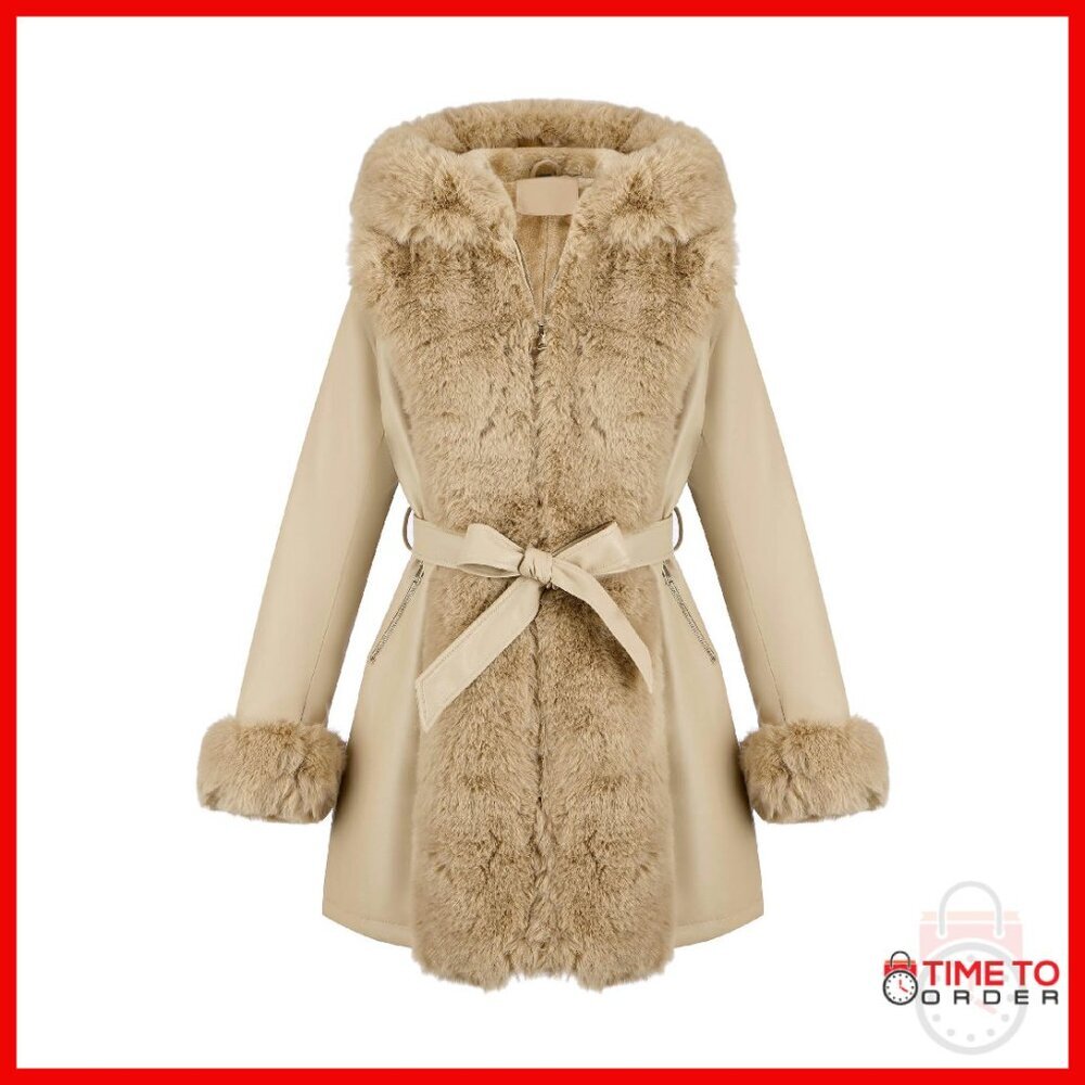 Faux Fur Lined Leather Jacket with Hood Belted Winter Coat
